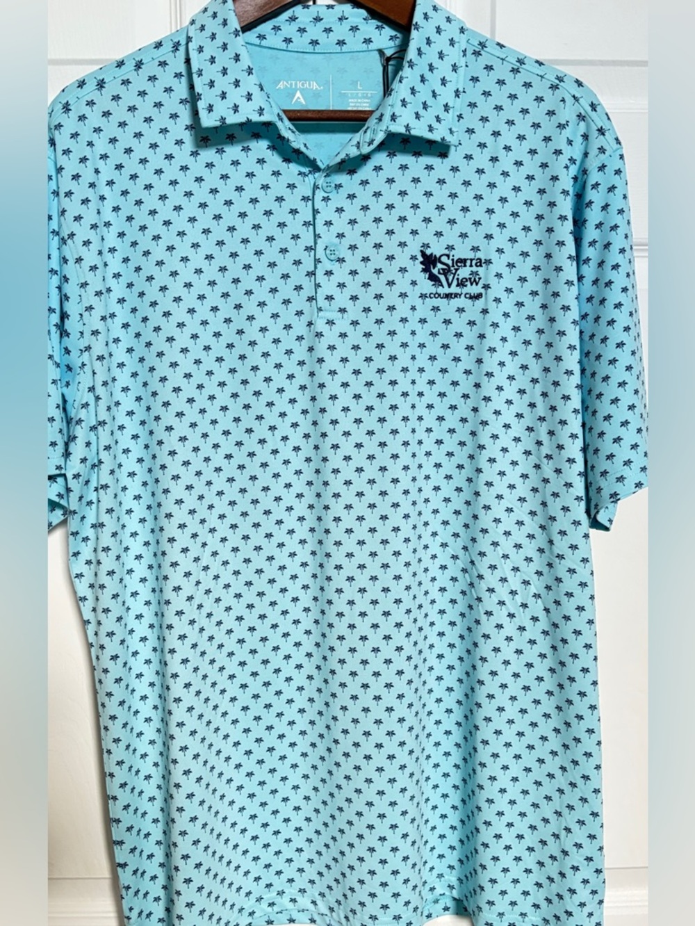 Antigua Polo Men L Blue Palm Print Golf Performance Shirt